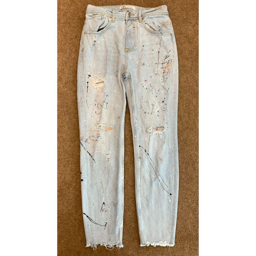 Zara Jeans Mens 30 Paint Splatter Distressed Raw Hem Slim Tapered Denim